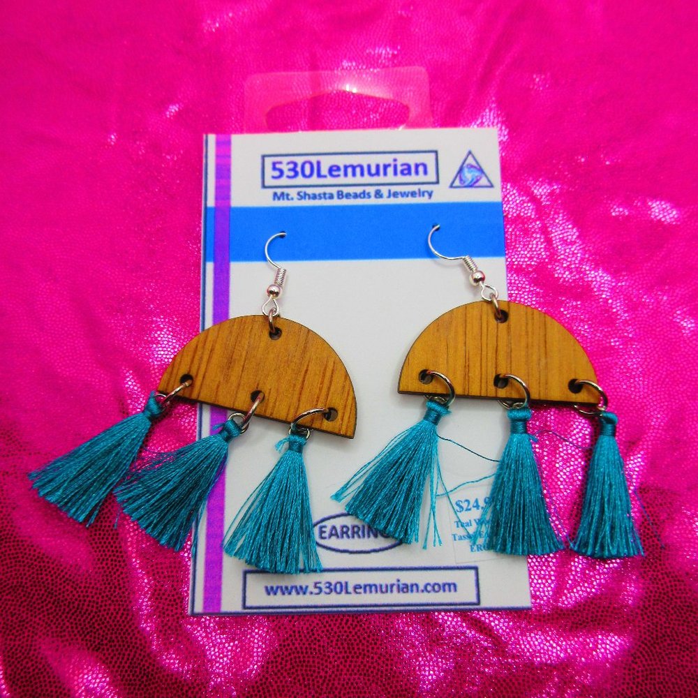 Blue Tassel Wood Earrings